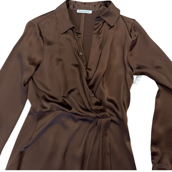 NWT Sold Out Reformation Lyon Silk Midi Shirt Dress in Brown Size 6 - Picture 10 of 12